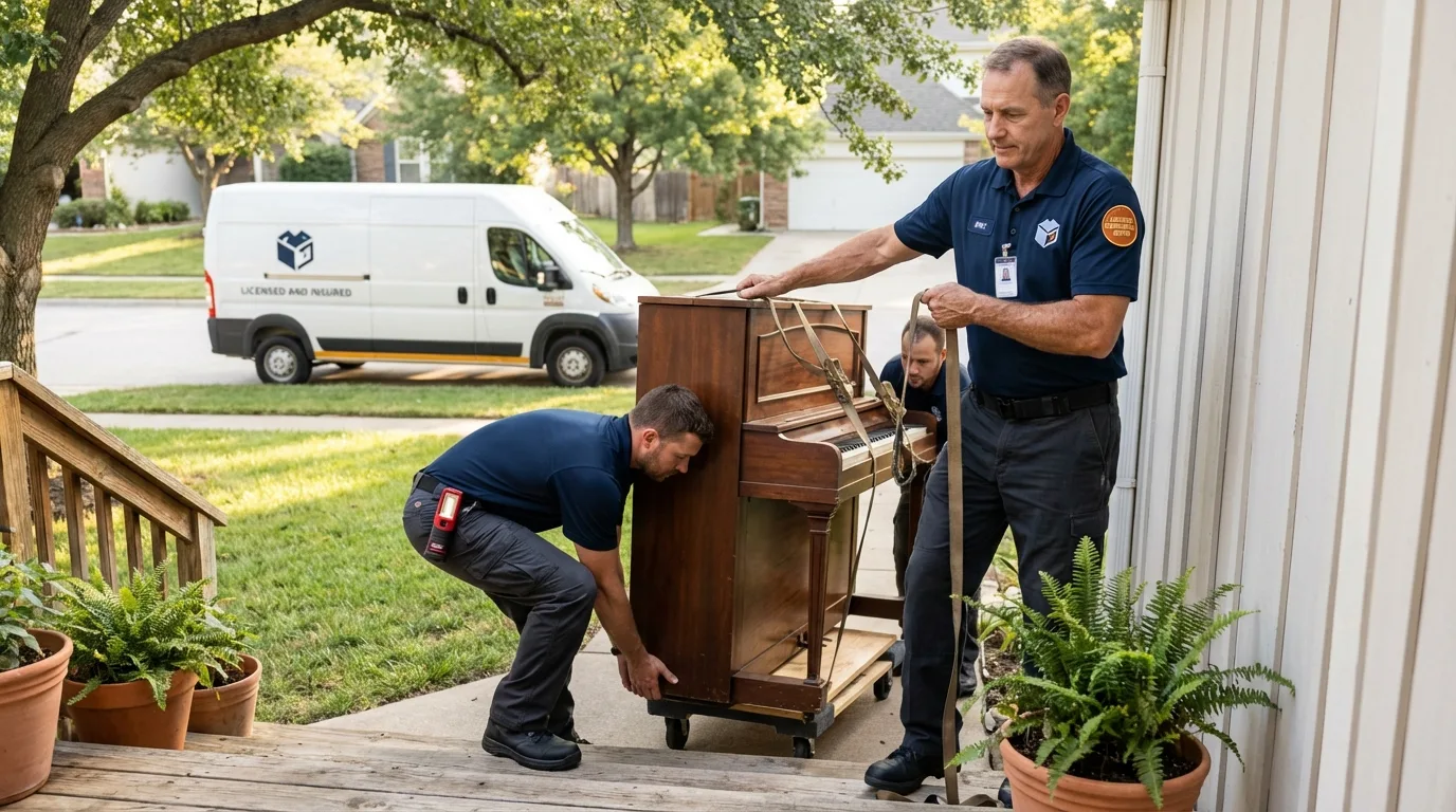 Licensed piano movers securing grand piano in Lowell, AR
