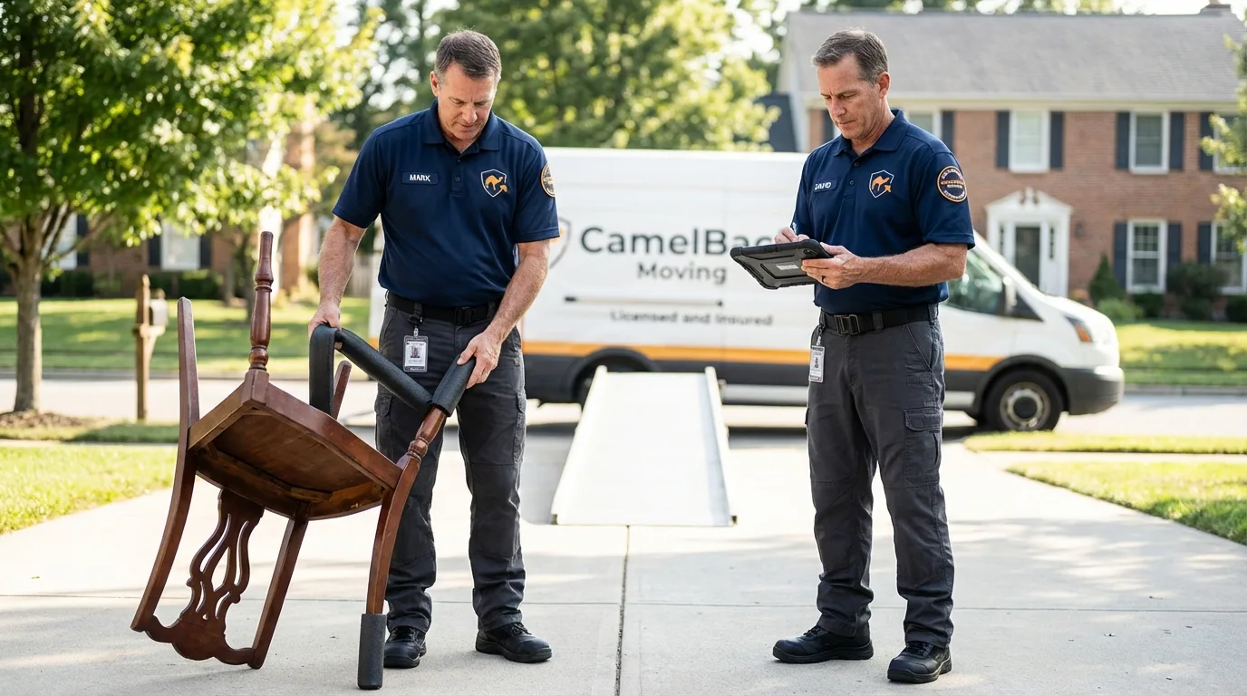 Movers inspecting furniture for damage prevention before loading in Lowell, AR