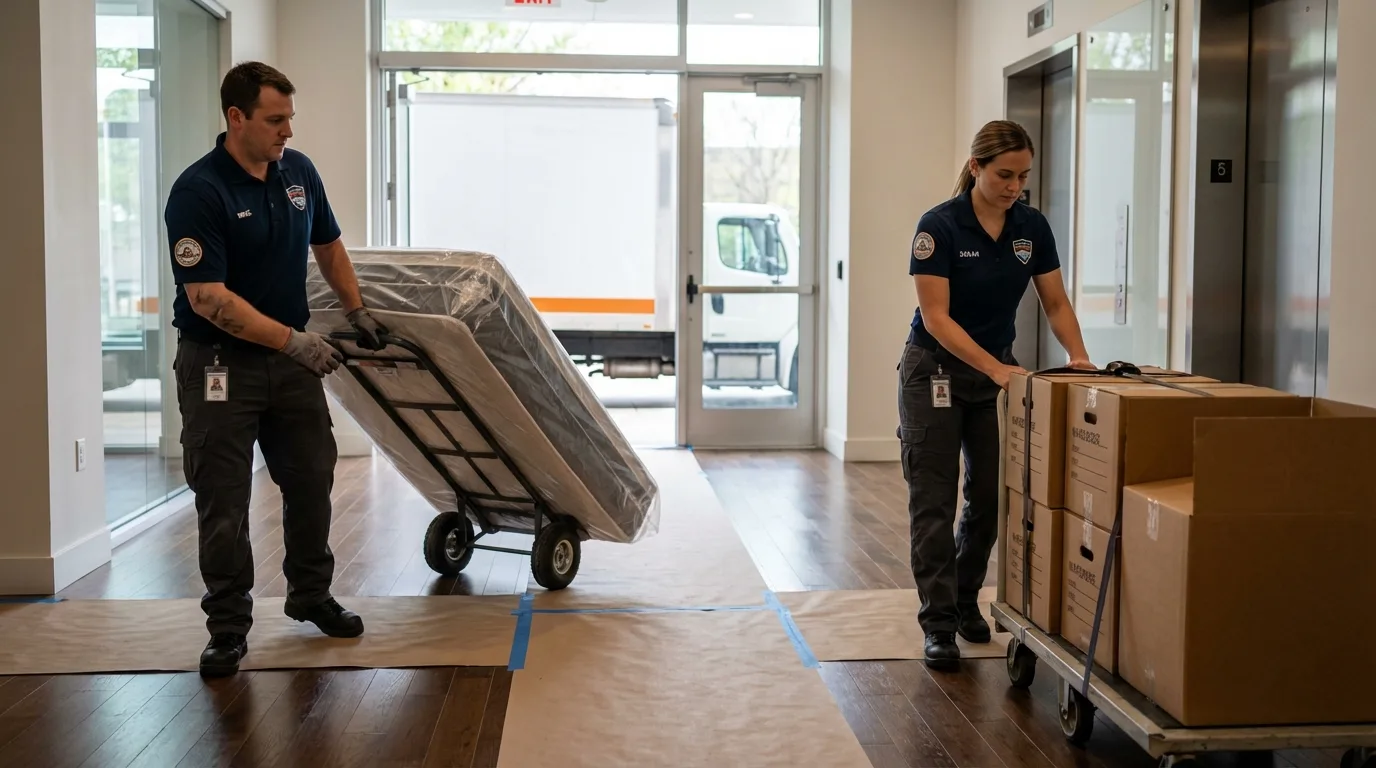 Professional apartment movers loading elevator in Lowell, AR
